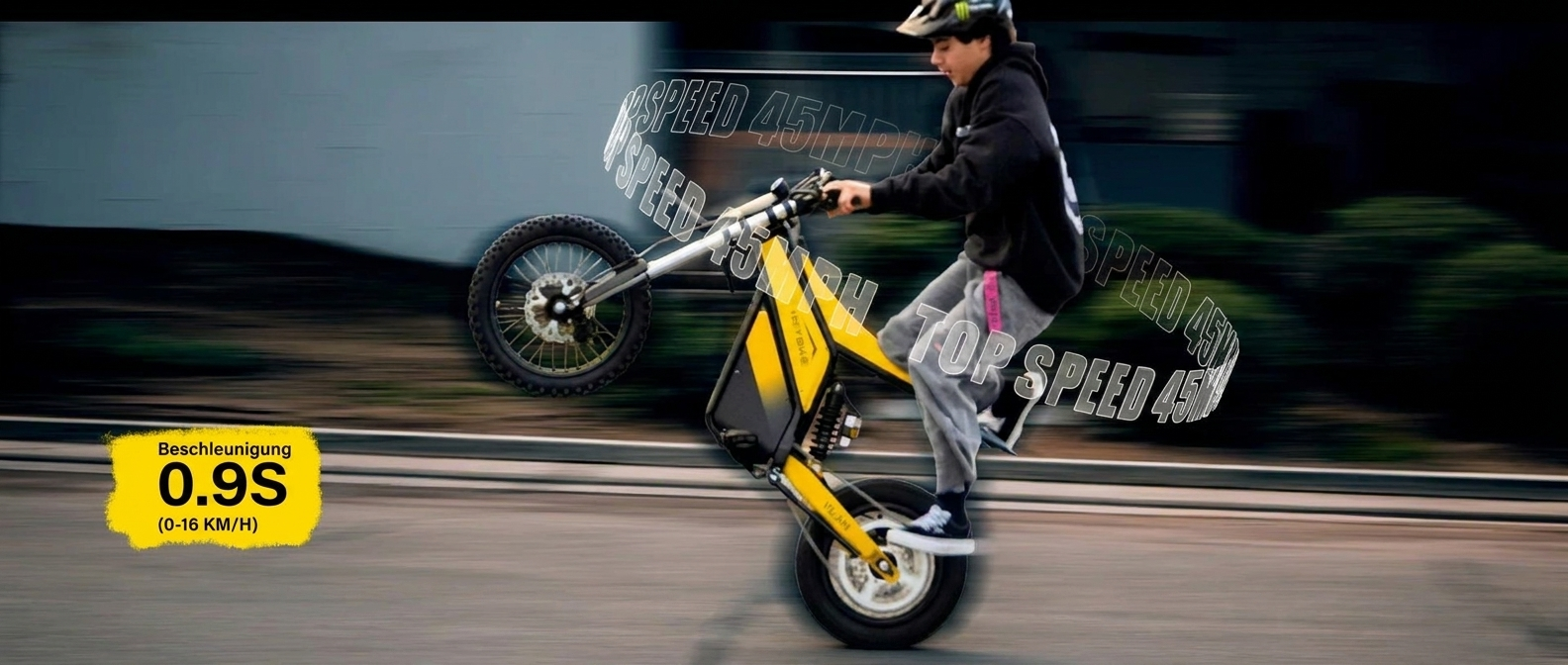 Heybike Villain beim Fahren mit Beschleunigungs- und Geschwindigkeits-Highlights